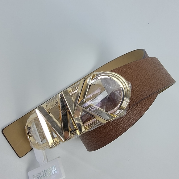 Michael Kors Womens Large Logo Buckle Brown Leather Belt Push Stud Closure Sz L - Picture 1 of 7